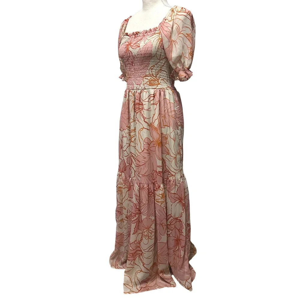 Patrons of Peace Floral Milkmaid Smocked Tiered Maxi Dress Women's M Cottage - Picture 3 of 7